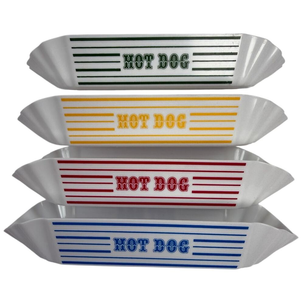 Vintage Retro Plastic Hot Dog Trays Set of 4 Striped Multicolor Holders